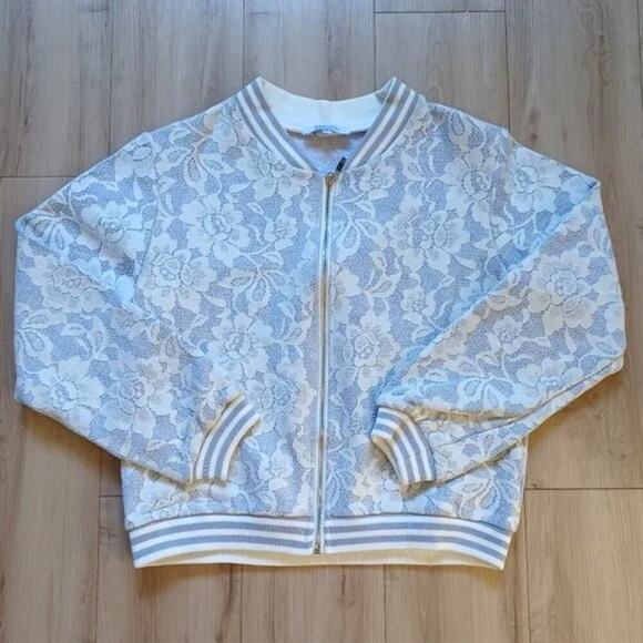 Lucy Paris Grace Lace Bomber Jacket White Gray Retro 80s S NWOT - Picture 1 of 9